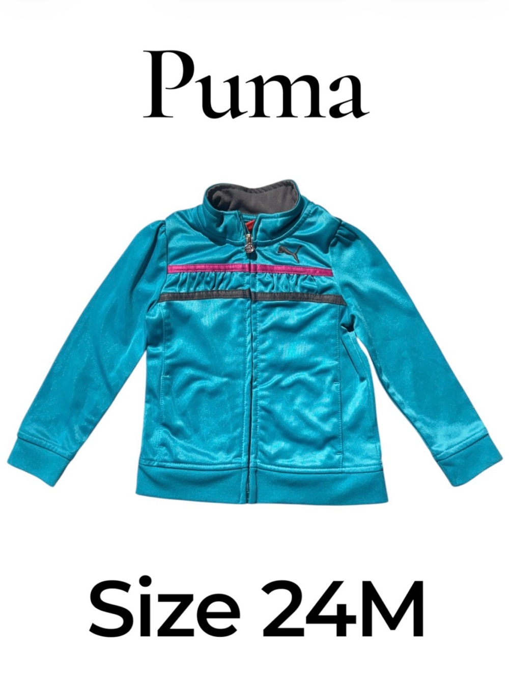 Puma Toddler Teal Zip-Front Track Jacket with Pink Trim. Size 24M